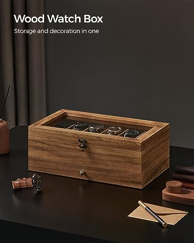 SONGMICS 12-Slot Watch Box, 2-Tier Watch Display Case with Large Glass Lid, Removable Watch Pillows, Velvet Lining, Jewelry Box, Gift Idea, Rustic Walnut UJOW012K01 - color: Rustic Walnut, size: 2 Layer 12 Slot