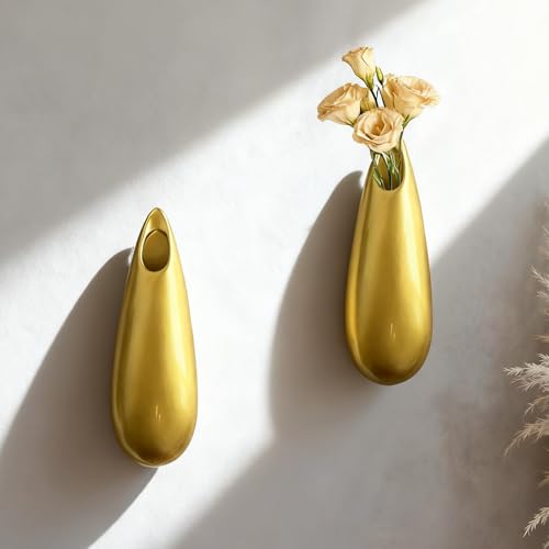 Sculptural Wall Ceramic Vase — 2 Pack Gold Hanging Sconce Vase | Turn Flowers into Art — Decorative Ceramic Wall Sconce for Single Stem Displays - size: 2pcs-Medium