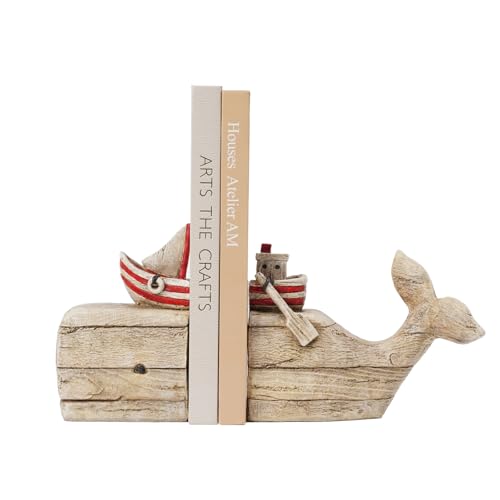 Guichifun Whale Decorative Bookends Book Holder - Distressed Finish Resin Cute Bookend Set with Sailboat Nautical Book Shelf Decor for Living Room Office Home Decoration Gift 11.8 X 3.9 X 6.5 inch - color: Wood
