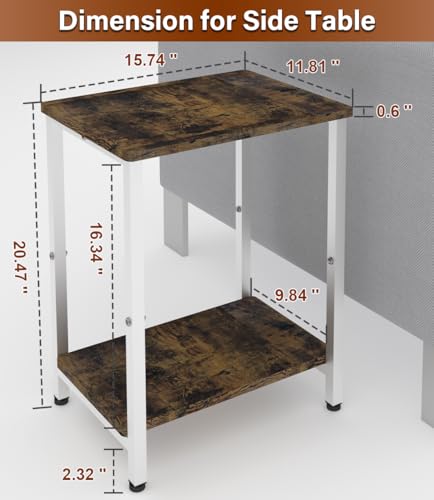 2 Tier Side Table, Heavy Duty End Table with Shelves, Narrow Nightstand Table for Small Spaces, Record Player Table for Bedroom, Living Room, Sofa Couch - Rustic Brown & White - color: White, size: 2-Tier
