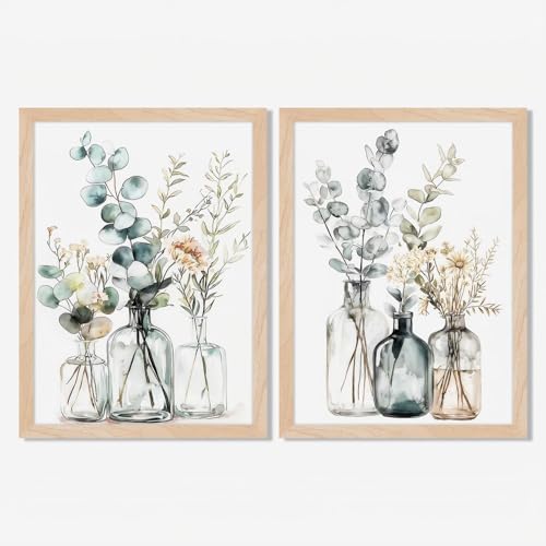 Framed Botanical Wall Art Set of 2 Minimalist Eucalyptus Floral Canvas Prints with Solid Wood Frame & Acrylic Cover, Neutral Modern Nature Watercolor painting for Living Room Bedroom Home Decor 12X16IN - color: Boho Eucalyptus Framed, size: 16"L x 12"W