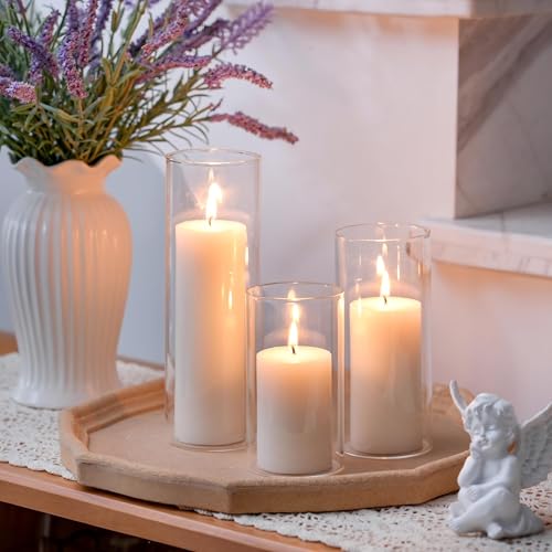 12PCS Hurricane Candles Set with Glass Cylinders – White Unscented Pillar Candles in Glass, 3 Size Mixed Glass Pillar Candle Holder, Windproof Elegant Table Centerpiece for Home, Wedding, Party Decor