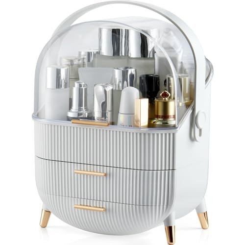 CANITORON Makeup Organizer,Skincare Organizer with 2 Drawers and Transparent Cover,Cosmetic Display Case for Vanity Organizer and Bathroom Countertop Storage.(White) - color: White