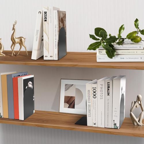 Chunful 6 Pcs Modern Metal Book Ends for Shelves Small Bookends Book Shelf Organizer Minimalist Design Stopper to Hold Books for Home Office (Black, 5.5 * 3.75 * 2.25inch)