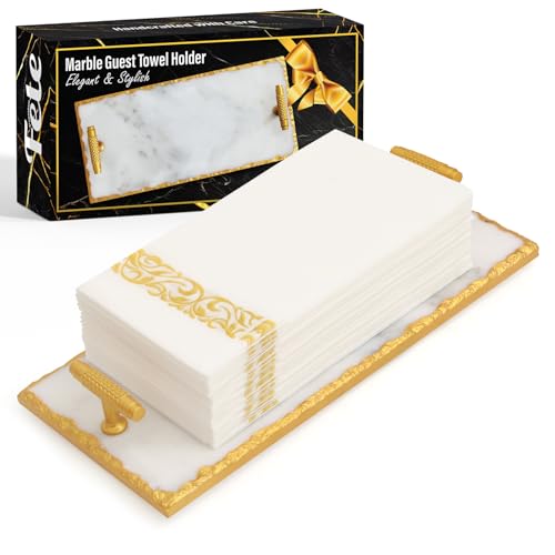 Guest Towel Holder Tray for Bathroom - Premium Marble Tray with Gold Rim - Bathroom Hand Towel Tray, The Perfect Vanity Tray for Bathroom. Ideal Valentines Day Gift. - color: Gold Rim