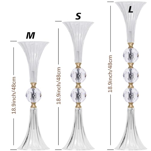 VIJIV Crystal Acrylic Trumpet Vase for Wedding Centerpieces & Home Decor - 18.9" Clear Flower Stand with Ribbed Texture, Gold Accents, Table/Floor Vase for Events, Bridal Showers & Boho Weddings - size: S/18.9 Inch Tall