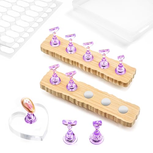Nail Stand for Press On Art Display Practice 2 Sets, 1 Heart Acrylic Magnetic Nail Stands, Fake Nail Holder Tips, 200 PCS Double-Sided Tape, DIY Kit Home Supplies (Wood And Purple, Medium) - color: Wood And Purple, size: Medium