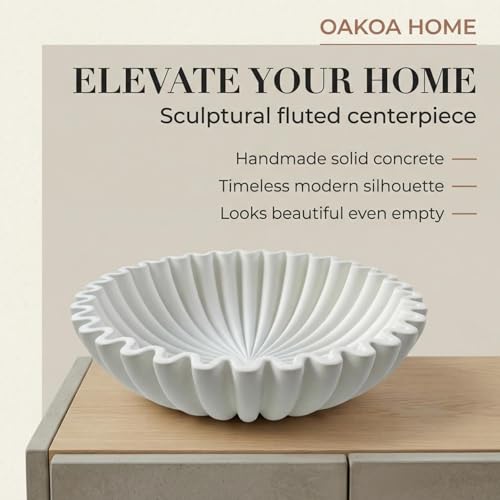 OAKOA Large Decorative Bowl - White Decorative Bowls for Home Decor - Organic Modern Home Decor Bowl - Concrete Ruffle Bowl Decor - Fluted Bowl - Scalloped Bowl - color: White