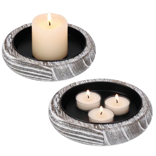 Rustic Wooden Candle Holders | 2-Pack Distressed Vintage Pillar Candle Plates with Fire-Resistant Metal Insert | Shabby Chic Farmhouse Decor for Wedding & Dining Table (White) - color: White