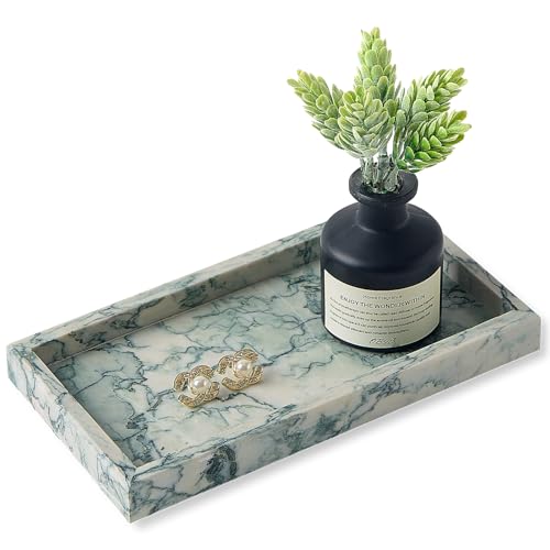 Natural Small Marble Vanity Tray, Luxury Stone Organizer for Bathroom & Kitchen | Holds Soap Dispenser, Jewelry, Perfume | Non-Resin, Non-Ceramic Décor - color: Cyan-green, size: 7.9" x 4.3" x 0.8"