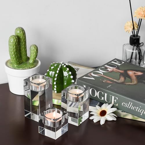 Kitcom Crystal Tealight Candle Holders Set of 3, 1.97/3.15/3.94 Inches Height, Heavy Solid Hand Cut Tealight Candlesticks Set, Table Centerpieces for Home Decor, Clear