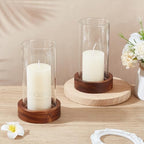 WEBEEDY 2 Sets Hurricane Glass Candle Holders Pillar Candle Holder with Wood Plate Base, Table Decorative, Holder Table Centerpieces for Wedding, Birthday Party, Christmas, Kitchen