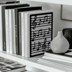 Peacoblue Metal Bookends for Shelves, Modern Decorative Heavy Duty Study Book Ends Stoppers for Office, Desk, Shelf, Room 5.3"x4.3"x7.9" Cast Iron Simple Tall Bookends 1 Pair (Music Notes and Staves) - style: Music Notes and Staves