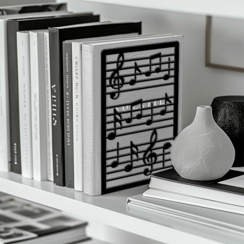 Peacoblue Metal Bookends for Shelves, Modern Decorative Heavy Duty Study Book Ends Stoppers for Office, Desk, Shelf, Room 5.3"x4.3"x7.9" Cast Iron Simple Tall Bookends 1 Pair (Music Notes and Staves) - style: Music Notes and Staves