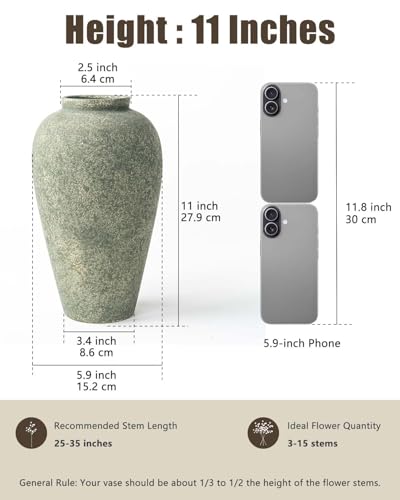 Green Ceramic Vase 11 Inch, Large Tall Decorative Vase for Centerpieces, Farmhouse Rustic Flower Vase for Home Decor, Living Room, Console, Wedding - color: Rustic Green-11"