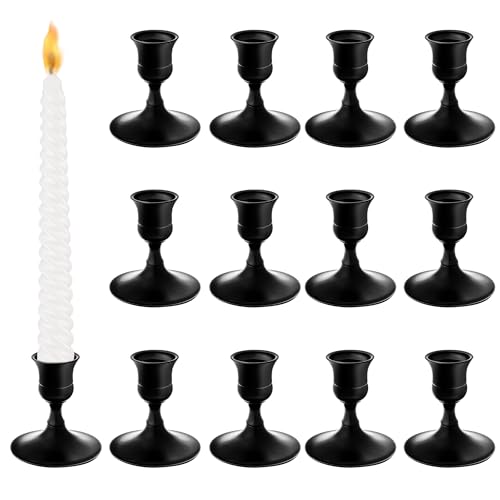 Vintage Black Taper Candle Holders, Set of 12, Metal Taper Candlestick Holder for Dinner Room Table Centerpiece, Wedding Reception, Festive,Mantel Decoration, Home Decor (Black, Set of 12) - color: Black, size: Set of 12