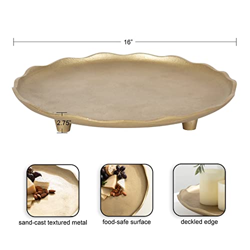 Kate and Laurel Alessia Modern Decorative Scalloped Round Footed Metal Tray; 16 Inch Diameter; Gold; Food-Safe Cast Aluminum Pedestal Transitional Tray with Rough Texture and Deckled Edge - color: Gold