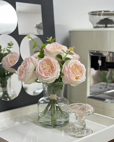 CHASMILE Lifelike Artificial Light Pink Rose Bouquet in Vase - 3D Petals & Stem Design - Table Centerpiece for Wedding, Restaurant, or Home Dining Room - color: Light Pink Simulated Rose With Vase