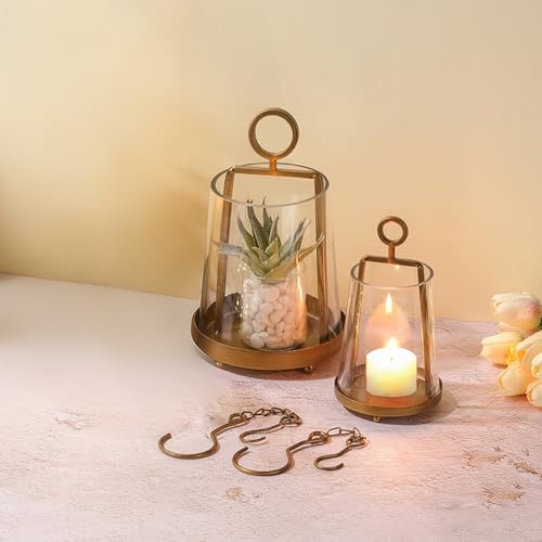 6" & 4" Wide Modern Farmhouse Metal Hurricane Candle Holder with Handmade Sturdy Glass Sleeve in Antique Brass for Pillar Candle & Plants, Glass Hurricane Lantern, Industrial, Minimalistic - color: Brass, size: 6"x10" & 4"x7.5"