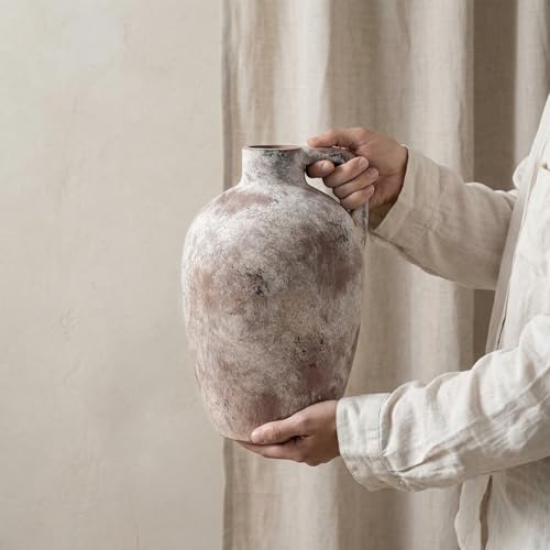 Ceramic Flower Vase with Handles,10" Neutral Tall Clay Terracotta Vases Farmhouse Table Vases with Handle Living Room Decor Rustic Pottery Pots for Home Shelf Coffee Dining Desk Fireplace - color: C-10"h-terracotta