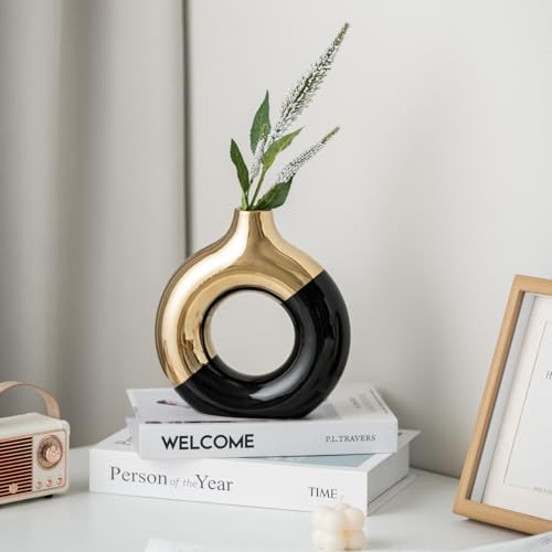 White and Gold Donut Vase, Modern Ceramic Vase for Pampas Grass, Perfect Centerpiece for Weddings, Living Room, and Office Decor (Black Gold, L) - color: Black Gold, size: Large