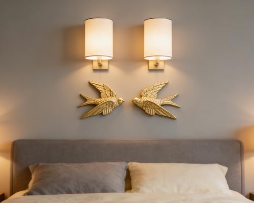AMOIENSIS Bird Wall Sculpture Art, (Set of 2) 4¾ inch Resin Gold Bird 3D Sculpted Floating Hanging Wall Sculpture Decoration - color: Gold