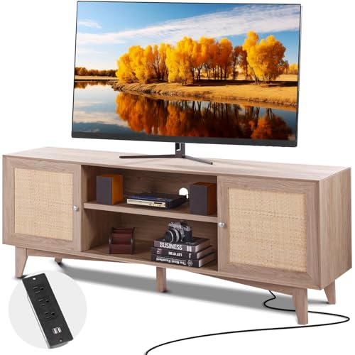 VEVOR Rattan TV Stand, Mid Century Modern TV Stand for 75 inch TV, Boho Rattan TV Cabinet with Build-in Socket and USB Ports, Adjustable Shelfs for Living Room, Media Room, Oak - color: Oak, size: for 75" TVs
