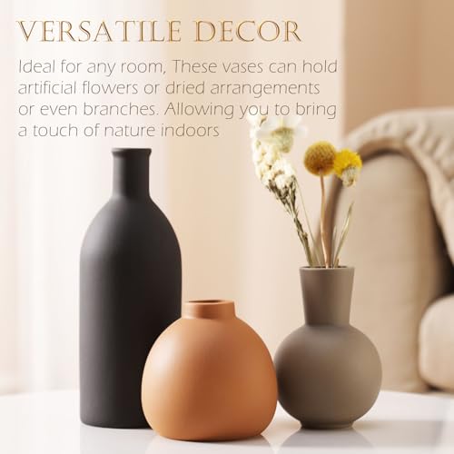 Joeabor Ceramic Vase Set of 3 - Handcrafted Ceramic Vases for Home Decor & Shelf - Modern Farmhouse Decor for Kitchen, Office, Bedroom & Living Room Decorative Objects for Mantel, Table Centerpieces - color: Set C