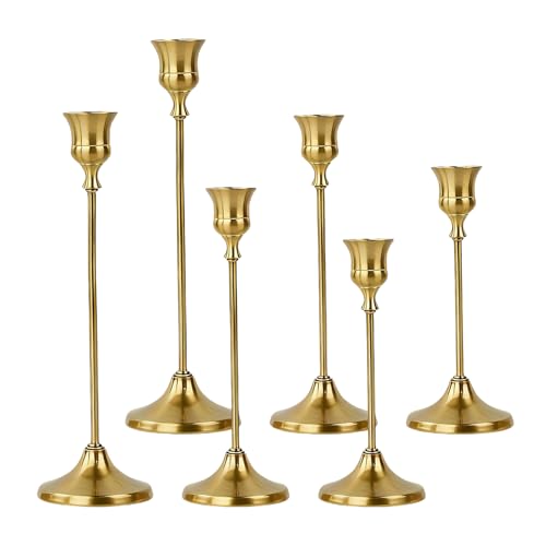 2 Sets(6 Pcs) Candle Stick Holders，Brass Gold Metal Taper Candle Holders, Vintage Modern Decorative Centerpiece Candlestick Holders for Table Mantel Wedding Housewarming Gift - color: Brass Gold-2 Sets(6 Pcs)