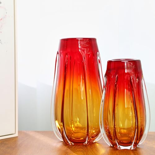 Luxury Lane Hand Blown Laine Sommerso Art Glass Vase for Home Decor 10 inch Tall Centerpiece Table Decoration - color: Gold & Red Ombre, size: 10" tall