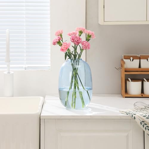 Blue Glass Vase, Large Glass Vase for Flowers, Tall Flower Vases, Modern Round Vases for Living Room, Bedroom, Kitchen, Mantle, Shelf, Wedding, Office, Entryway, 10 Inches - color: Blue