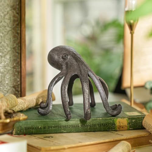Sungmor Cast Iron Octopus Statue, Decorative Bookend, Cute Sculpture on Bookshelf or Desk, Creative Cell Phone Holder, Octopus Stand for Tablet, Black Brown - color: Octopus