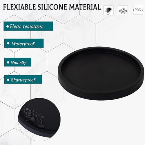 Silicone Bathroom Tray Round Vanity Tray Decorative Soap Holder Kitchen Countertop Organizer Coffee Table Decor for Candle, Perfume, Plant, 8 Inch, Black - color: Black, size: 8"