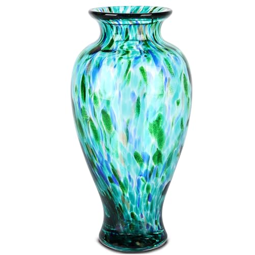 11.8" Tall Turquoise Glass Vase Beautiful Hand Blown Glass Vase Modern Art Home Decor, Wide Mouth Colorful Vases for Mantle Dining Table Centerpiece, Entryway Living Room Wedding Decoration - color: Jade Green