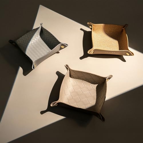 OLETHA Small Foldable Valet Tray - Aesthetic Desk Organizer for Home, Office & Travel - Portable Catch All Bowl for Keys, Scrunchie & Jewelry - Rattan Textured, Beige - color: Rattan Textured, Beige