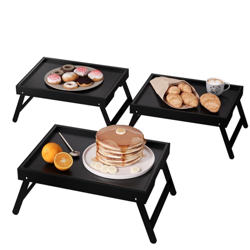 VERTORGAN 3 Pack Bamboo Bed Tray Table with Folding Legs,Breakfast Trays,Serving Tray,Laptop Tray for Working,Food Snack Tray for Bed and Sofa(Black) - color: Black