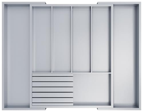 Bamboo Kitchen Silverware Drawer Organizer - Expandable Wood Utensil Holder with Dividers, Luxury Cutlery Storage Tray for Kitchen Utensil and Flatware (5-7 Slots with Removable Knife Block, Grey) - color: Grey