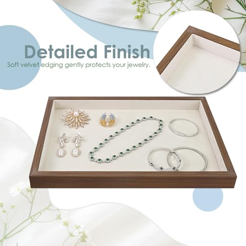 MOOCA 2 Pcs Wooden Jewelry Display Tray, Presentation Tray, Organizer for Rings, Necklaces, Earrings, and Accessories, Walnut Color with Beige Suede, 14" W x 9.6" D x 1.2" H - color: 1 Compartment, Walnut