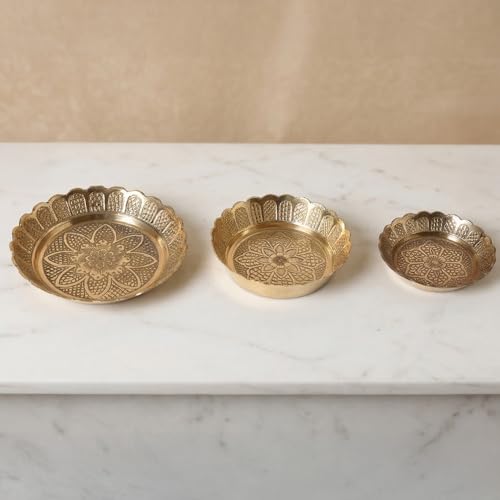 Shubhkart Premium Solid Brass Nakshi Plate Set (3 Sizes: L/M/S) – Handcrafted Decorative Puja Plates for Aarti, Temple, Festivals & Home Mandir Décor | Elegant Brass Thali Set for Diwali & Gifting - size: Combo (S, M, L)