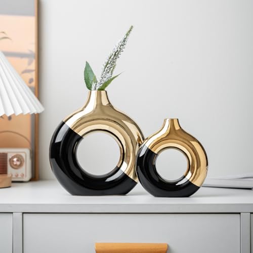 White and Gold Donut Vase, Modern Ceramic Vase for Pampas Grass, Perfect Centerpiece for Weddings, Living Room, and Office Decor (Black Gold, S) - color: Black Gold, size: Small