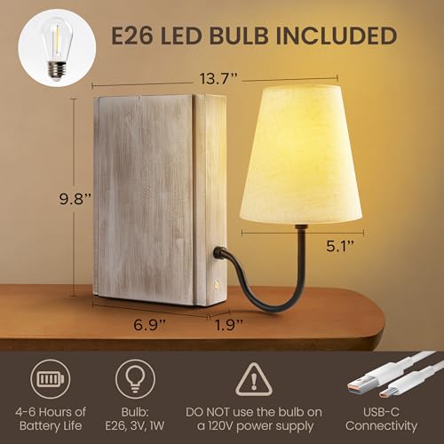 AELS Wooden Bookshelf Lamp with Bulb, Cordless Touch Dimmable Table Lamp with Linen Fabric Shade, Battery Operated, Modern Farmhouse Decorative Bookend, Book Sconce for Office Home Bedroom, White - color: ‎Off-White, size: Rechargeable Model