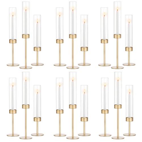 Glass Hurricane Candlestick Holders Gold - Romadedi 18 PCS Taper Candle Holder Bulk Tall Clear Glass Cylinder Table Centerpiece Wedding Decor Party Birthday Christmas Home Decorations - size: 18 PCS