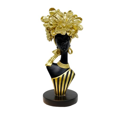Lescafita African Woman Art Sculpture with Gold Floral Crown, Black and Gold Striped Statue,Elegant African-Inspired Art Gift suitable for various settings such as home, bookshelves, desks, or offices - color: 704-gold