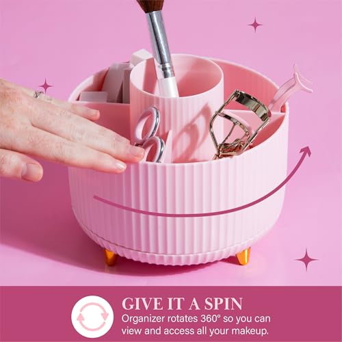 Paris Hilton 360° Rotating Makeup Brush Holder, Fluted Design with 5 Compartments, Glam Organizer for Brushes & Tools, Pink - style: Brush Holder