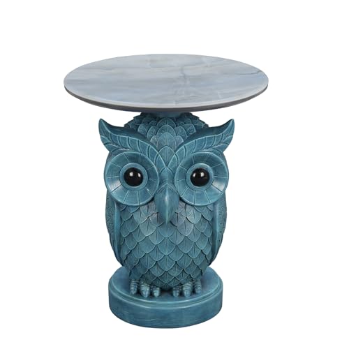 Luxurious Owl Side Table - 20" Premium Faux Marble Top Accent Table with Hand-Detailed Resin Owl Statue Base - High-End Round End Table for Study, Library, Nightstand - Tool-Free - color: Blue Owl