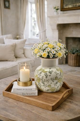 SIDUCAL Ceramic Vintage Vase, 5.91 Inch Retro Ice Cracked Chinoiserie Floral Vase, Rustic Farmhouse Vases for Home Decor, Bookshelf, Garden, Chinoiserie Decor, Tuscan Decor, Yellow Rose Pattern - color: 18795-yellow Rose
