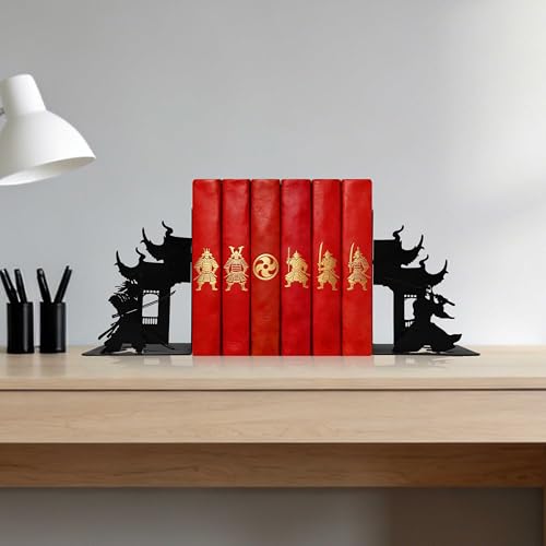 Samurai Decorative Bookends, Matte Black Iron Shelves Book Holders for Heavy Books, Unique Fantasy Book Ends for Home and Office, 7.9 x 1.2 x 5.9 Inches - color: Samurai Bookends