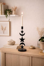 Metal Moon Star Candle Holder - 11 Inch Black Taper Candlestick Holder for Table Centerpiece - Modern Celestial Decorative Candle Stand for Mantel, Dining Room or Boho Home Decor (1 Pack)