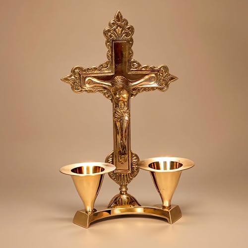 Hashcart Catholic Crucifix Cross with Candle Stand, Jesus Decor (6 Inch) Jesus Christ Statue & Figurine for Table Decoration, Catholic Decor Home Office Decor