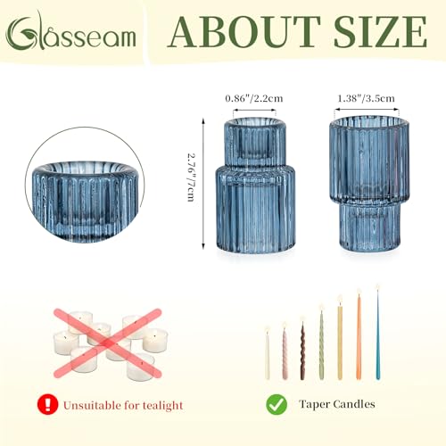Glasseam Candle Sticks Holder Decor: 2 Pcs Ribbed Glass Blue Candlesticks Holders Modern Fluted Taper Candle Holders for Table Centerpiece Wedding Decorations Dinner Party Home Decor - color: Blue